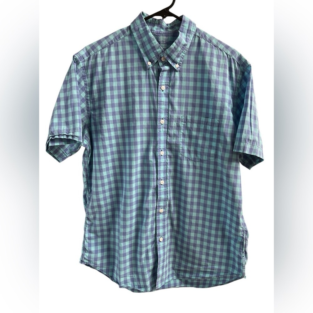 J crew purple and blue short sleeve plaid button down shirt